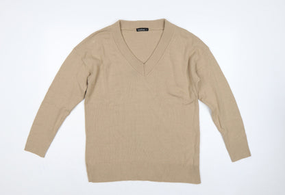 Boohoo Women Beige M V-Neck Long Sleeve Fine Knit Pullover Jumper