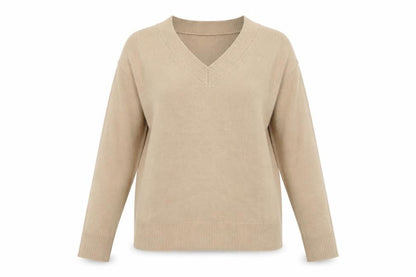 Boohoo Women Beige M V-Neck Long Sleeve Fine Knit Pullover Jumper