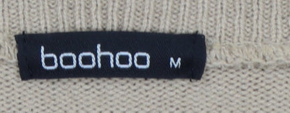 Boohoo Women Beige M V-Neck Long Sleeve Fine Knit Pullover Jumper