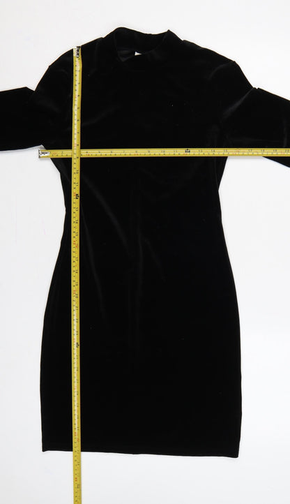 H&M Women Black S Velvet Bodycon Knee Length Mock Neck Party Dress