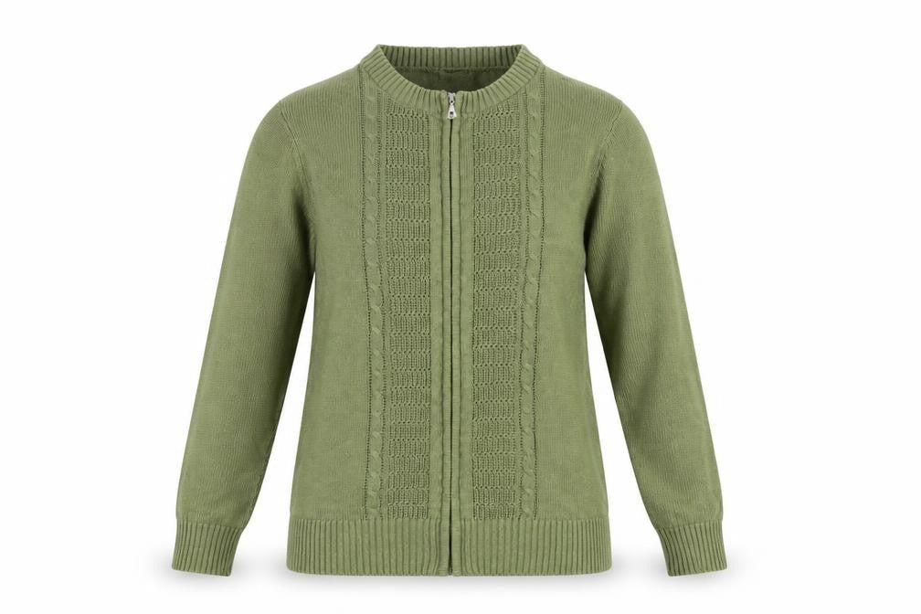 Damart Women Green UK 12 Full Zip Cable Knit Cotton Cardigan