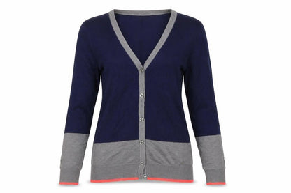 AJC Women’s Navy Grey Pink Cotton Blend V-Neck Cardigan Size S