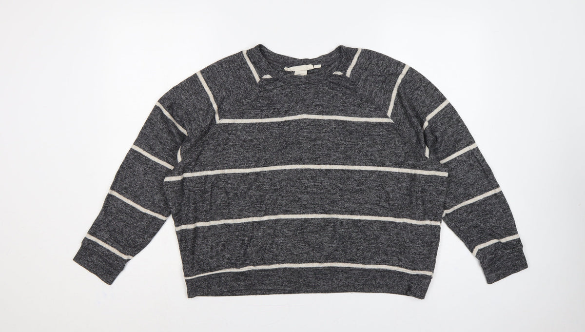 H&M Women's Grey Stripe Knit Sweatshirt UK 12 Relaxed Crew Neck
