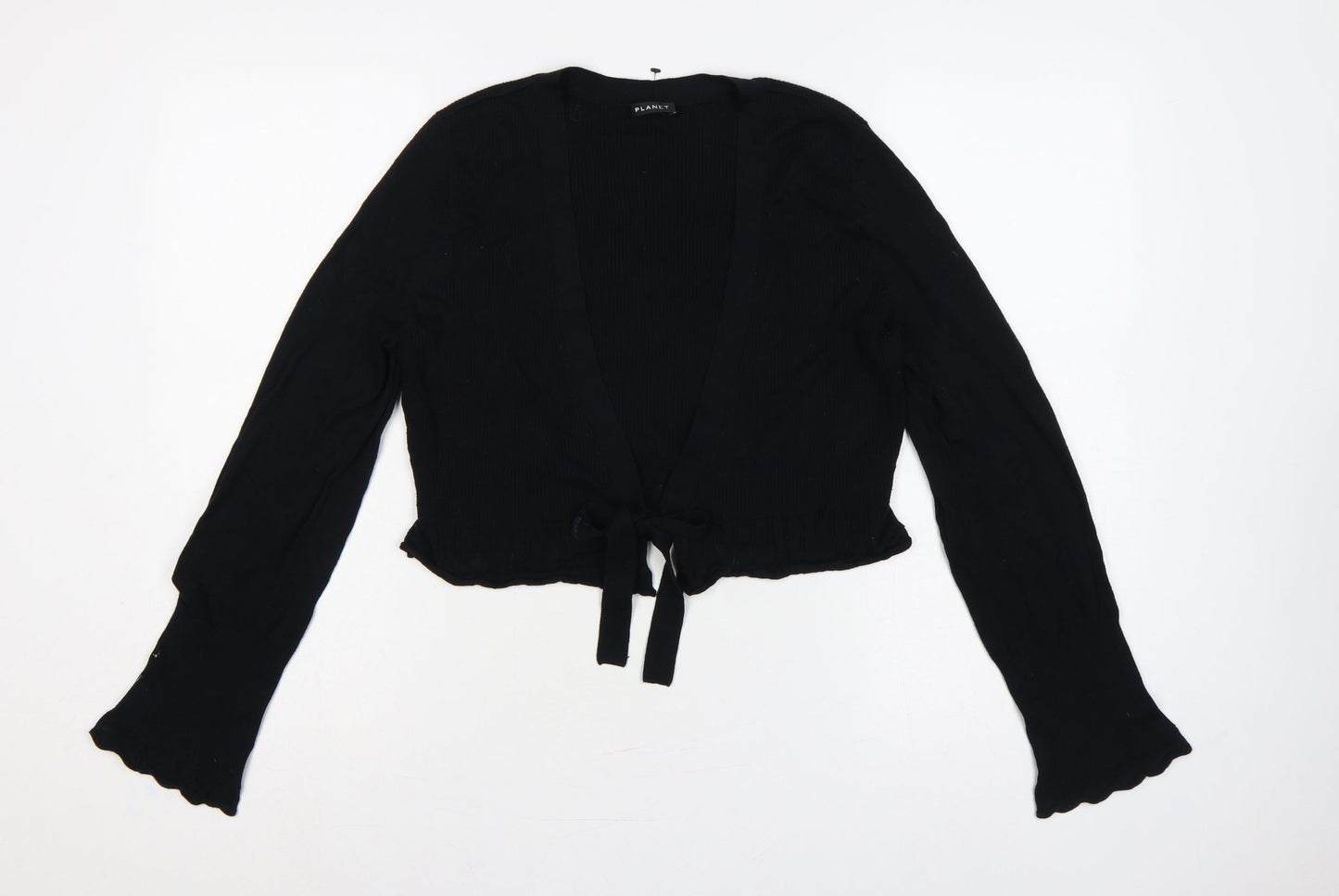 Planet Women Black M Rib Knit Tie Front Wrap Cardigan Long Sleeve