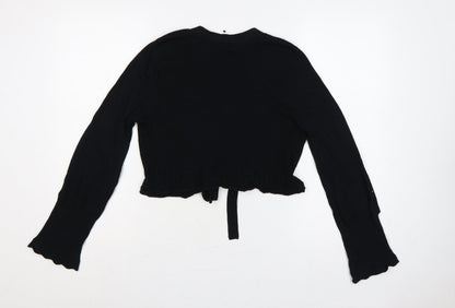Planet Women Black M Rib Knit Tie Front Wrap Cardigan Long Sleeve