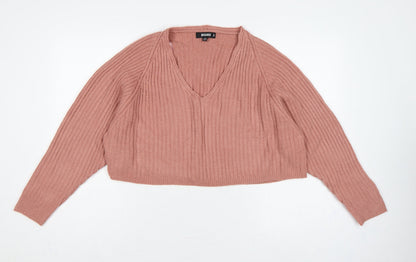 Additional front view of Missguided Women Pink UK 6/8 Rib Knit V-Neck Cropped Jumper