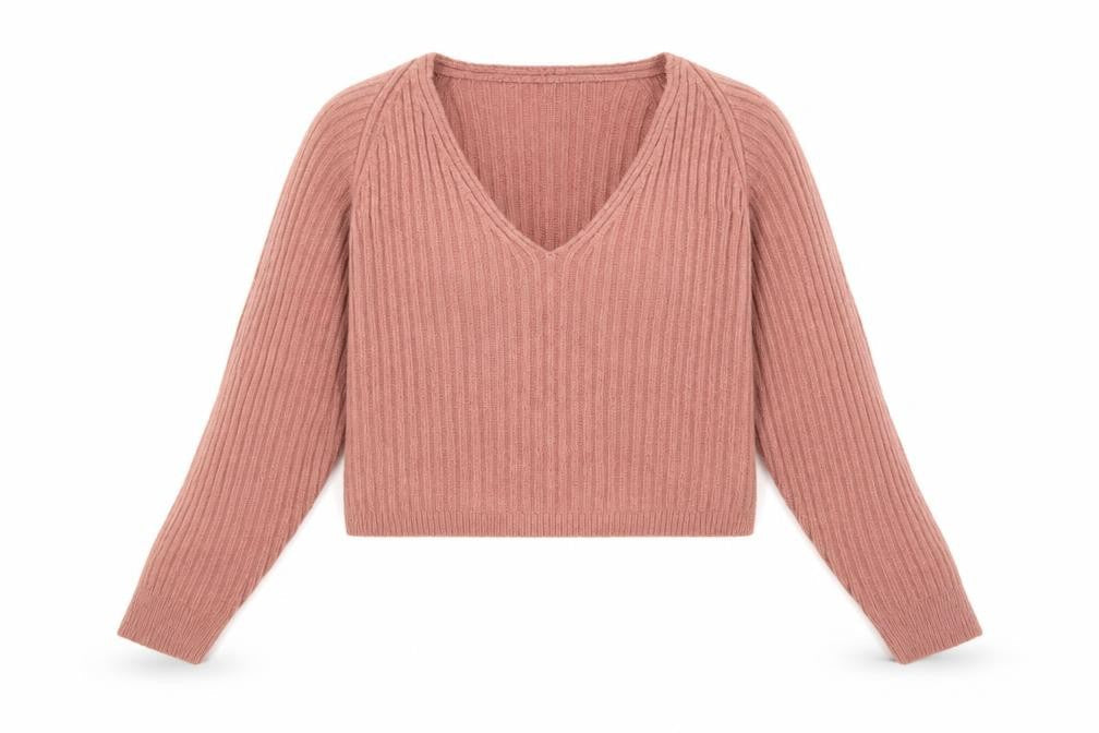 Front view of Missguided Women Pink UK 6/8 Rib Knit V-Neck Cropped Jumper