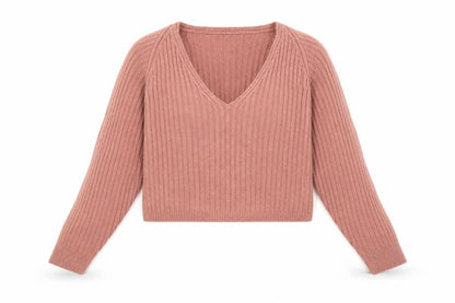 Front view of Missguided Women Pink UK 6/8 Rib Knit V-Neck Cropped Jumper