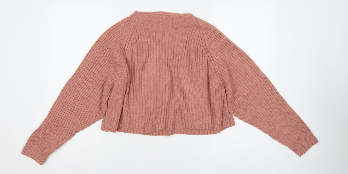 Close-up detail of Missguided Women Pink UK 6/8 Rib Knit V-Neck Cropped Jumper