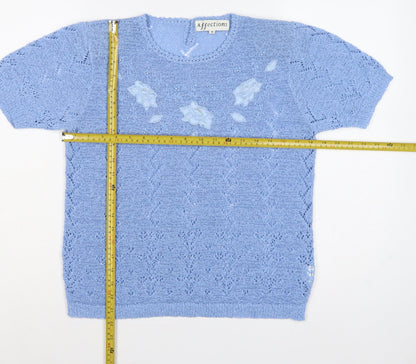 Affections Women Blue M Floral Beaded Short Sleeve Knit Jumper