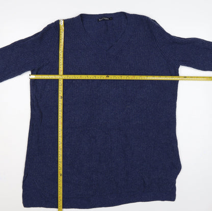WoolOvers Women’s Blue L Merino Cashmere V-Neck Knit Pullover Jumper