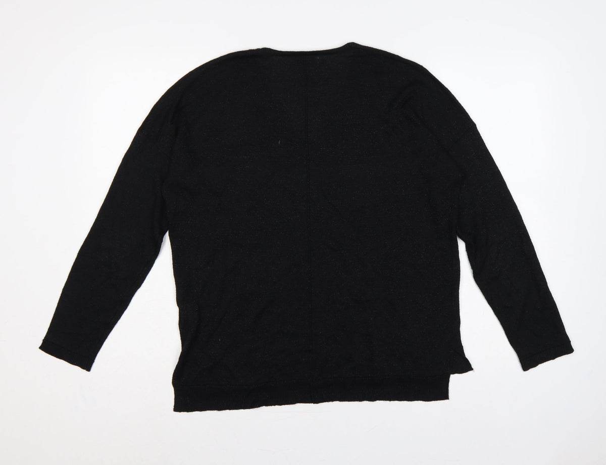 Odemai Women Black L V-Neck Lurex Knit Pullover Jumper