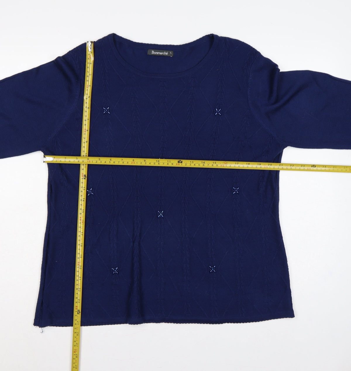 Bonmarché Women Blue L Cable Knit Argyle Round Neck Jumper