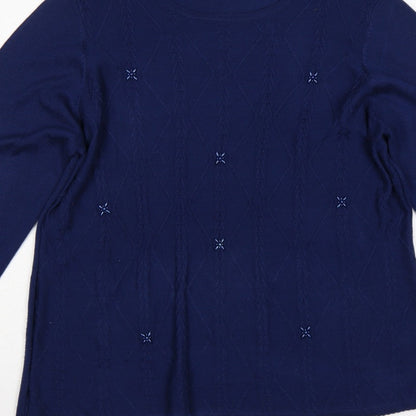 Bonmarché Women Blue L Cable Knit Argyle Round Neck Jumper