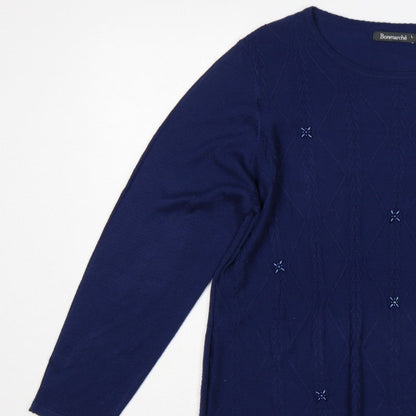 Bonmarché Women Blue L Cable Knit Argyle Round Neck Jumper