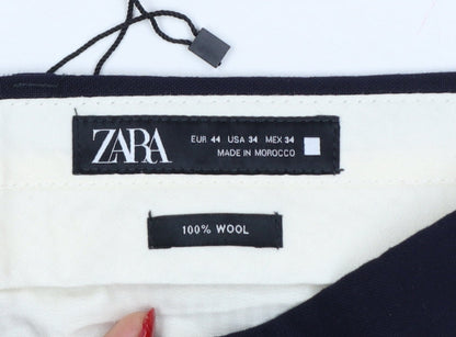 Zara Men’s Blue 34 Wool Flat Front Straight Dress Trousers