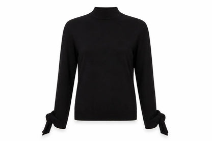 Mango Women Black UK 12 Wool Blend High Neck Tie Cuff Jumper