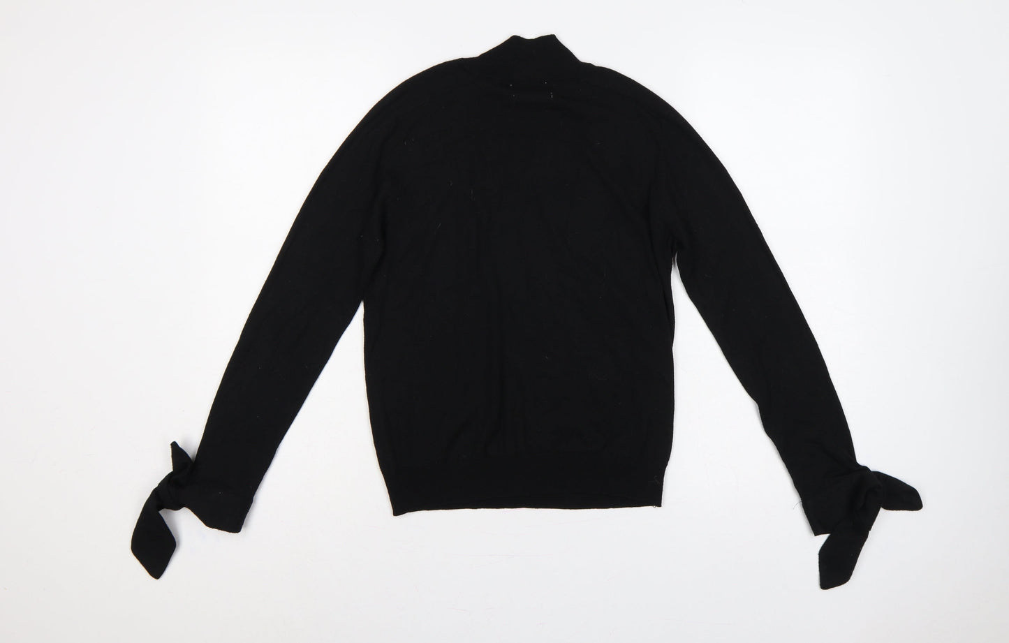 Mango Women Black UK 12 Wool Blend High Neck Tie Cuff Jumper