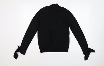 Mango Women Black UK 12 Wool Blend High Neck Tie Cuff Jumper