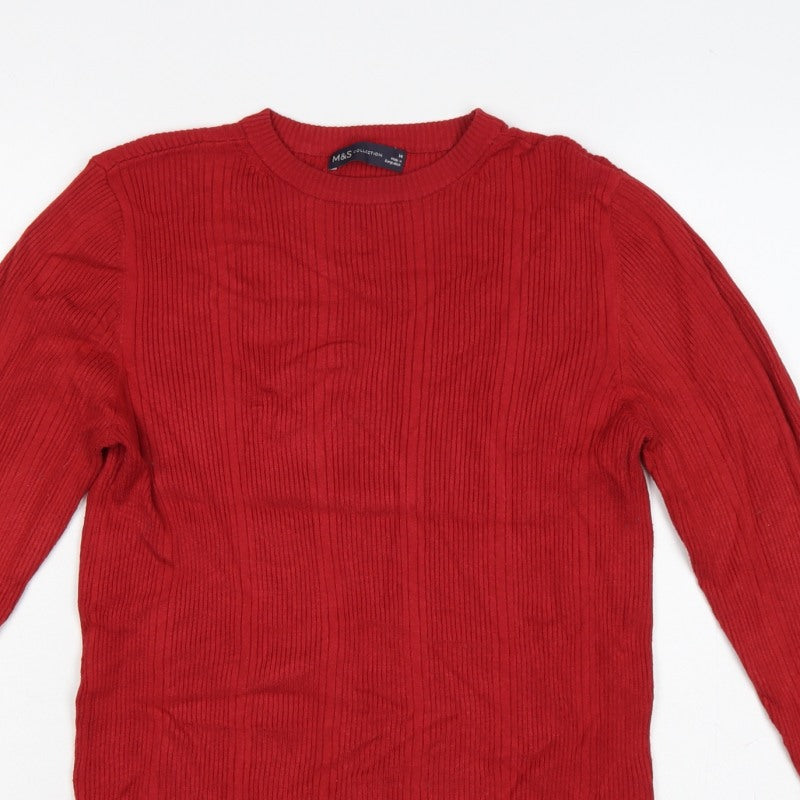 Marks & Spencer Women Red UK 14 Ribbed Knit Crew Neck Pullover Jumper