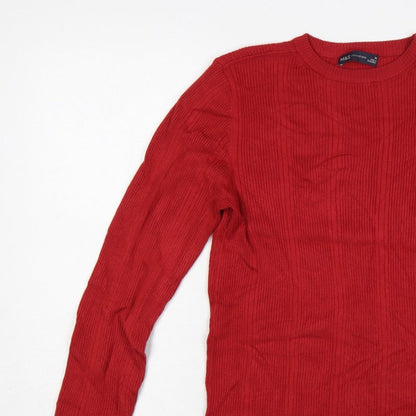Marks & Spencer Women Red UK 14 Ribbed Knit Crew Neck Pullover Jumper