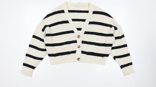 Pull&Bear Women’s Ivory Black Stripe XS V-Neck Chunky Knit Cardigan
