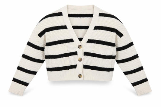 Pull&Bear Women’s Ivory Black Stripe XS V-Neck Chunky Knit Cardigan