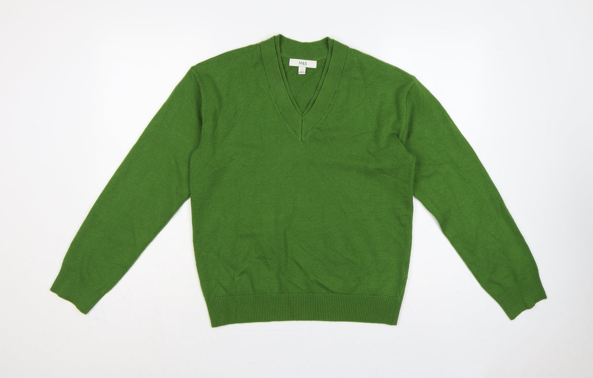 Marks and Spencer Women Green S V-Neck Knit Pullover Jumper