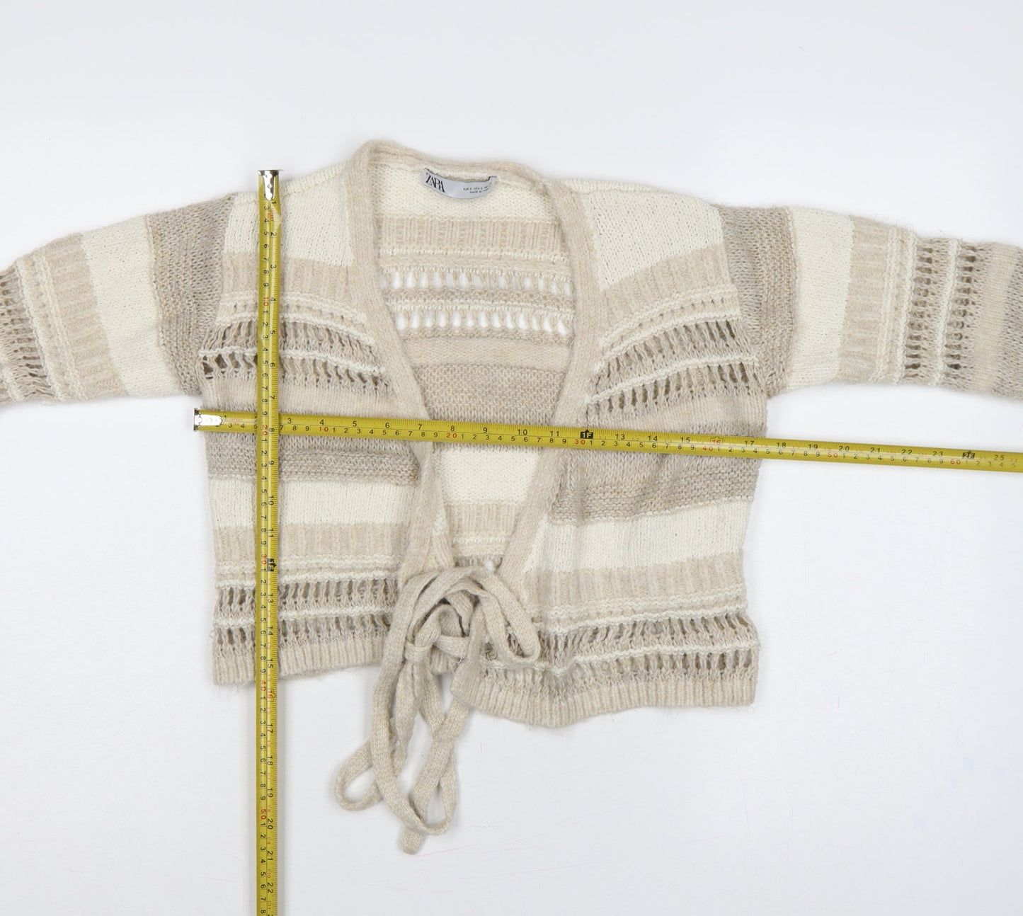 Zara Women Ivory Beige Striped Open Knit Tie Cardigan Size S