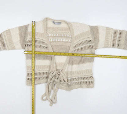 Zara Women Ivory Beige Striped Open Knit Tie Cardigan Size S