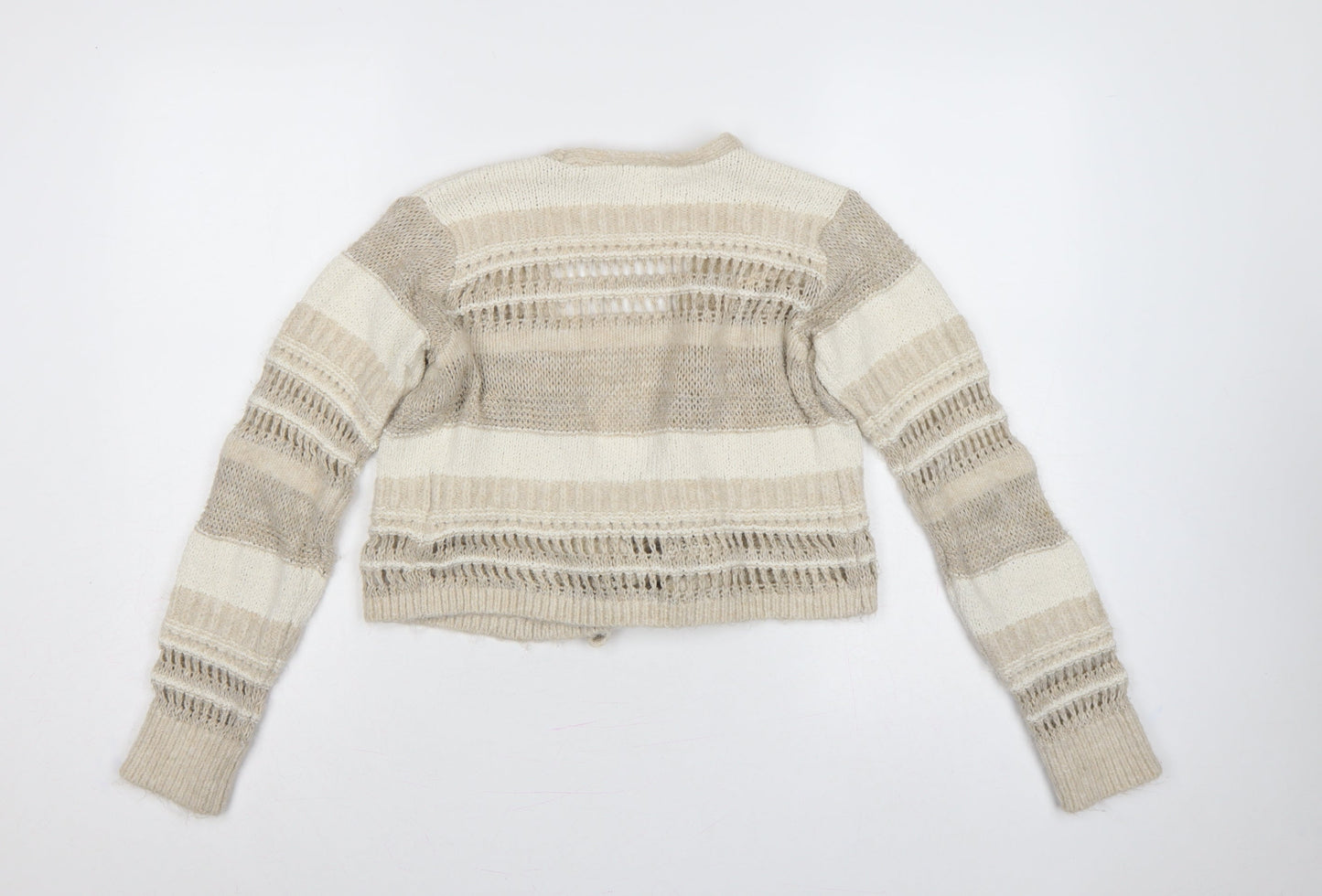 Zara Women Ivory Beige Striped Open Knit Tie Cardigan Size S