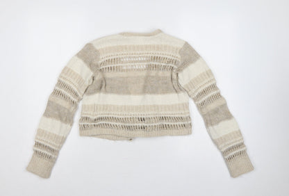 Zara Women Ivory Beige Striped Open Knit Tie Cardigan Size S