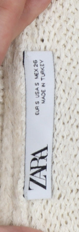 Zara Women Ivory Beige Striped Open Knit Tie Cardigan Size S
