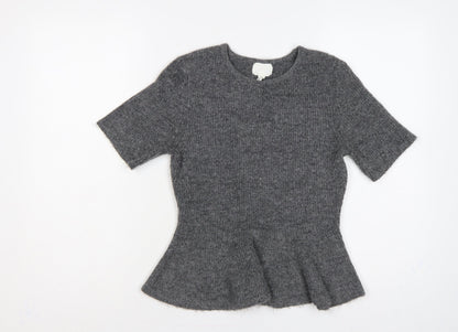 H&M Women Grey UK 12 Peplum Knit Short Sleeve Round Neck Jumper