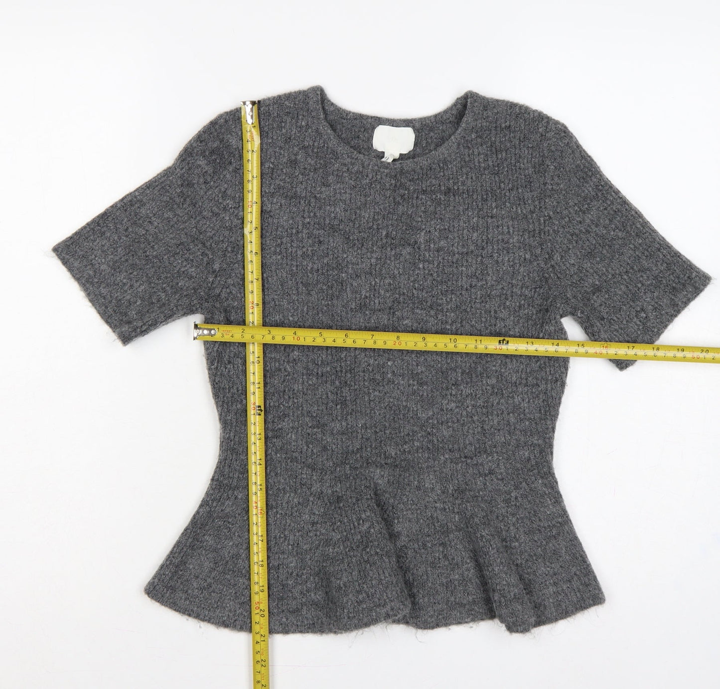 H&M Women Grey UK 12 Peplum Knit Short Sleeve Round Neck Jumper