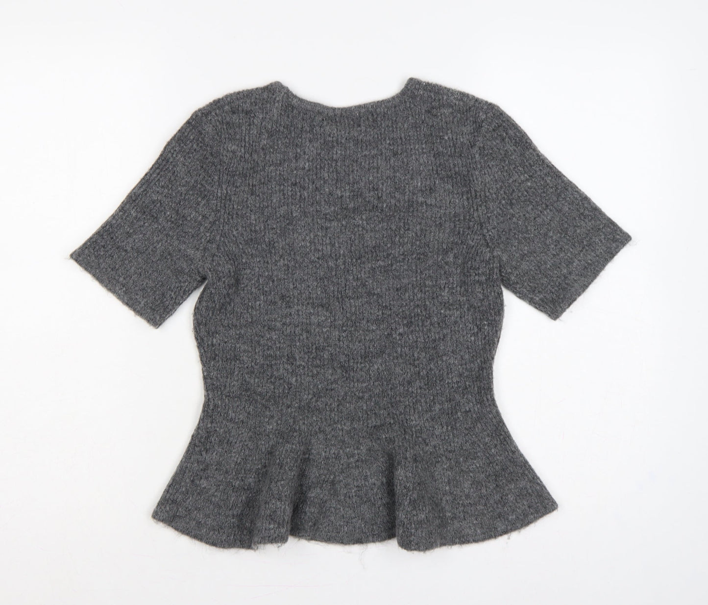 H&M Women Grey UK 12 Peplum Knit Short Sleeve Round Neck Jumper