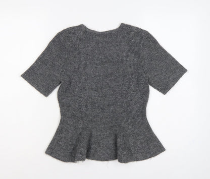 H&M Women Grey UK 12 Peplum Knit Short Sleeve Round Neck Jumper