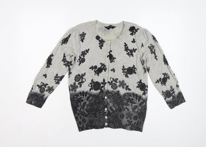 Dorothy Perkins Women Grey Floral Cotton Knit Cardigan UK 12 Long Sleeve