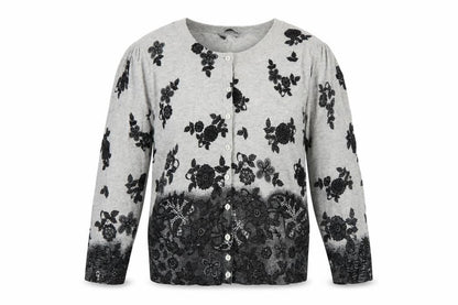Front view of Dorothy Perkins Women Grey Floral Cotton Knit Cardigan UK 12 Long Sleeve