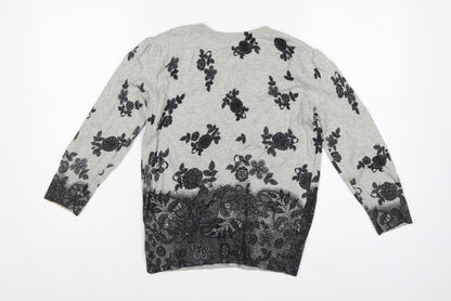 Dorothy Perkins Women Grey Floral Cotton Knit Cardigan UK 12 Long Sleeve