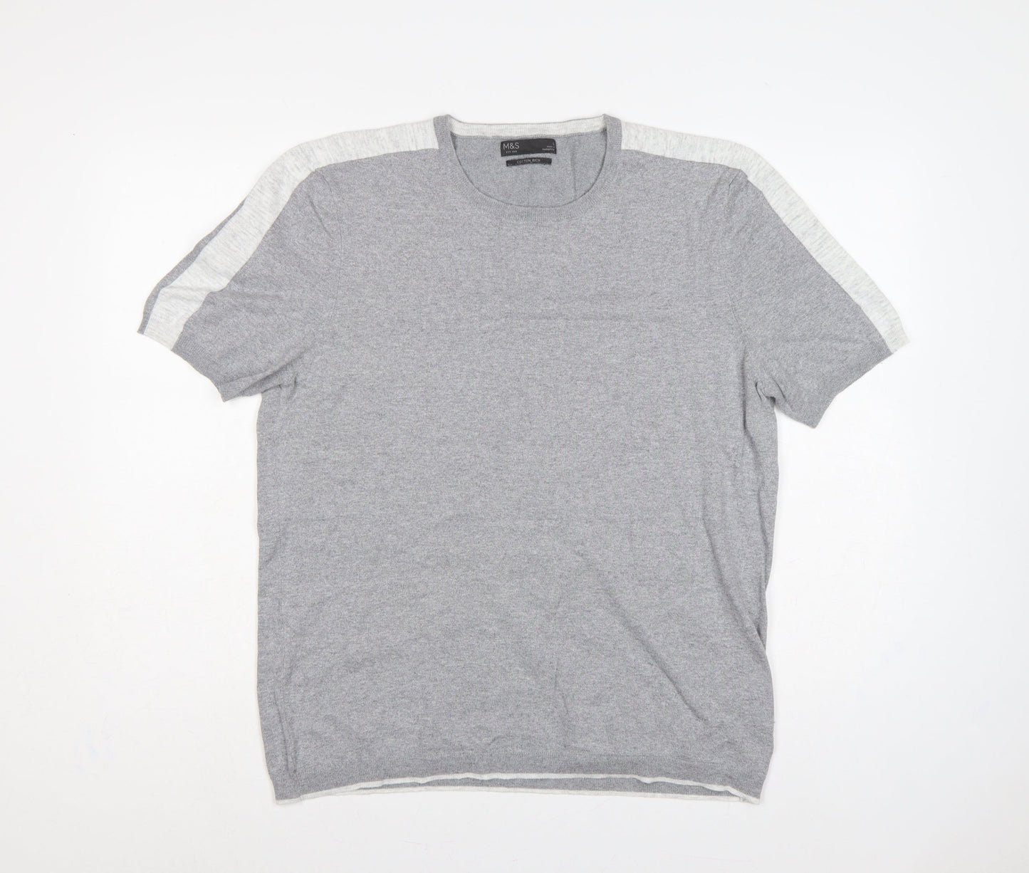 Marks & Spencer Men Grey L Cotton Knit Short Sleeve Pullover Jumper