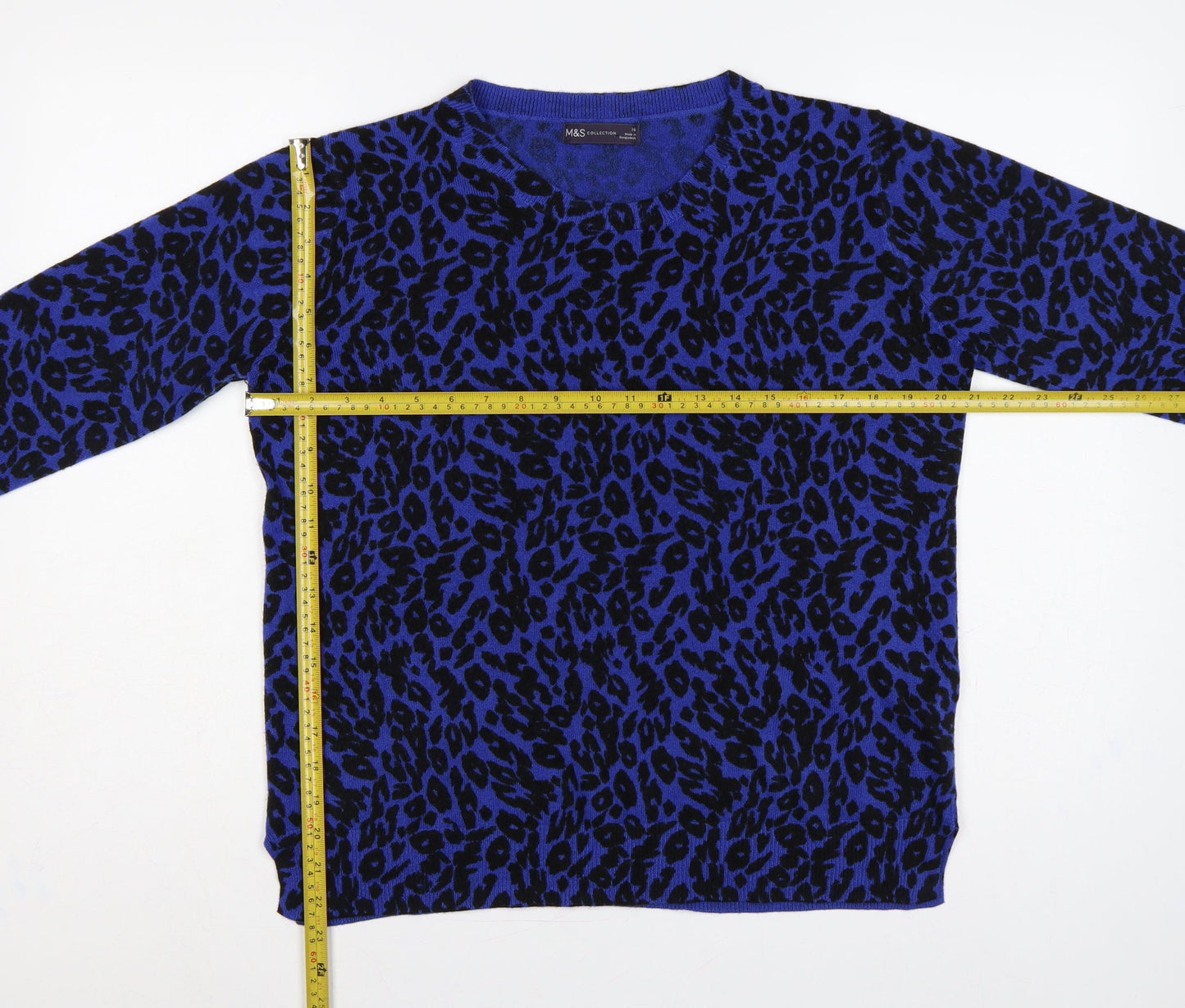 Marks & Spencer Women Blue Leopard Print V-Neck Jumper UK 16 Acrylic