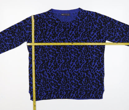 Marks & Spencer Women Blue Leopard Print V-Neck Jumper UK 16 Acrylic