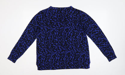 Marks & Spencer Women Blue Leopard Print V-Neck Jumper UK 16 Acrylic
