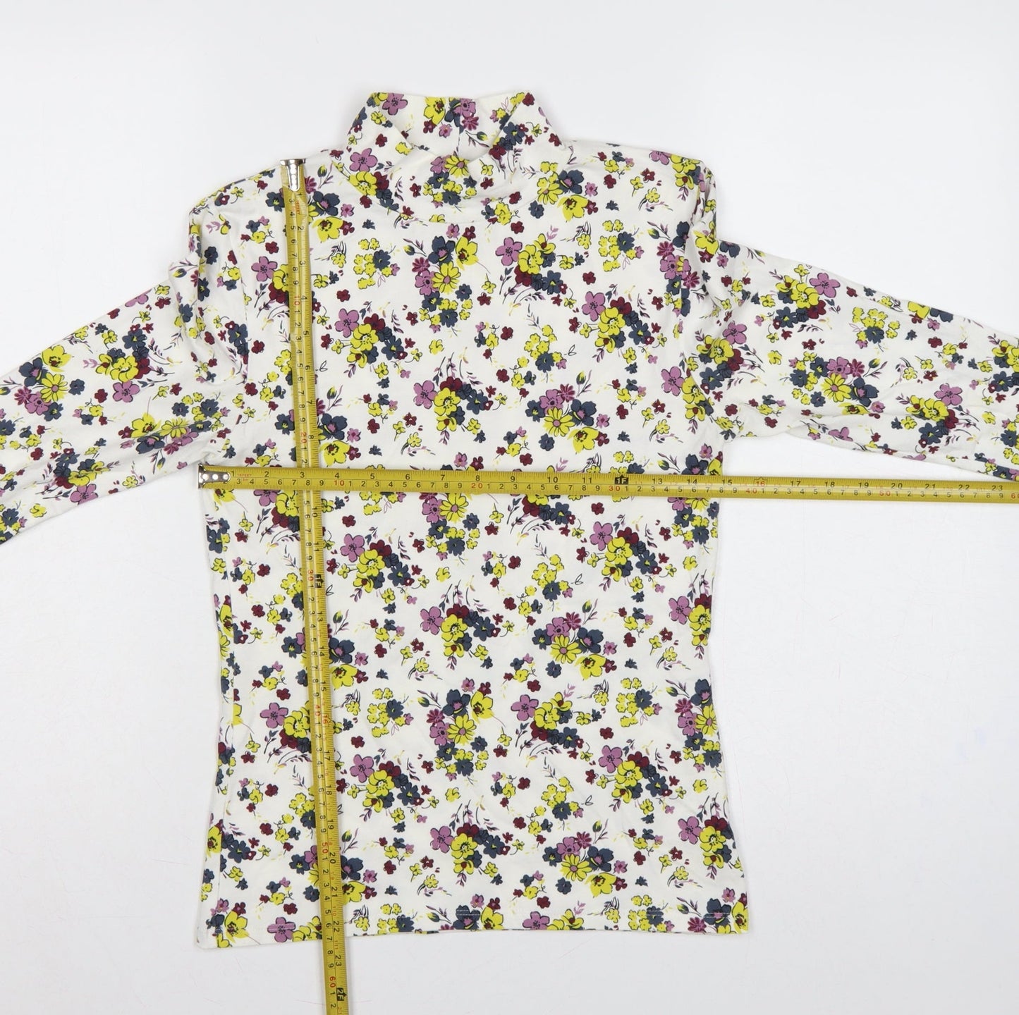 M&S Women Ivory Floral High Neck Stretch Jersey Blouse UK 8