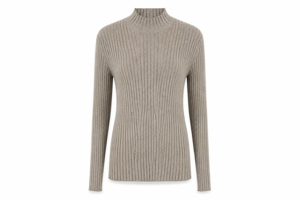 H&M Women’s Beige XS Ribbed Mock Neck Slim Knit Jumper