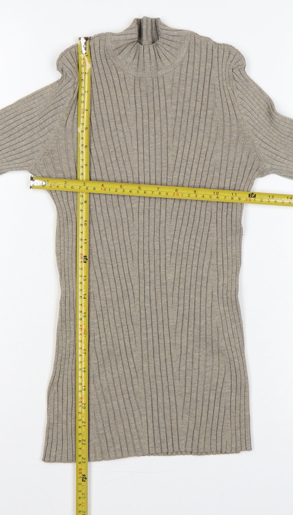 H&M Women’s Beige XS Ribbed Mock Neck Slim Knit Jumper