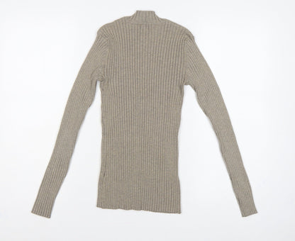 H&M Women’s Beige XS Ribbed Mock Neck Slim Knit Jumper
