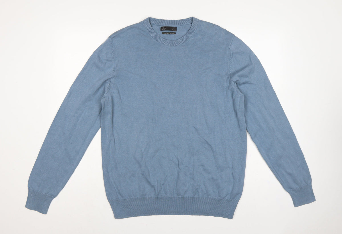 Marks & Spencer Mens Blue L Fine Cotton Crew Neck Pullover Jumper