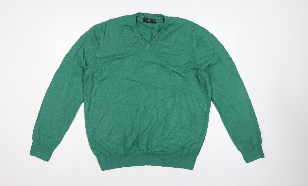 Marks & Spencer Men Green XL Pure Cotton V-Neck Pullover Jumper